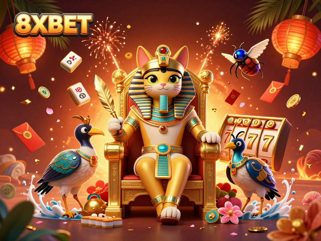 Experience 8XBET's thrilling slot games with an enchanting Egyptian theme in this vibrant casino illustration.