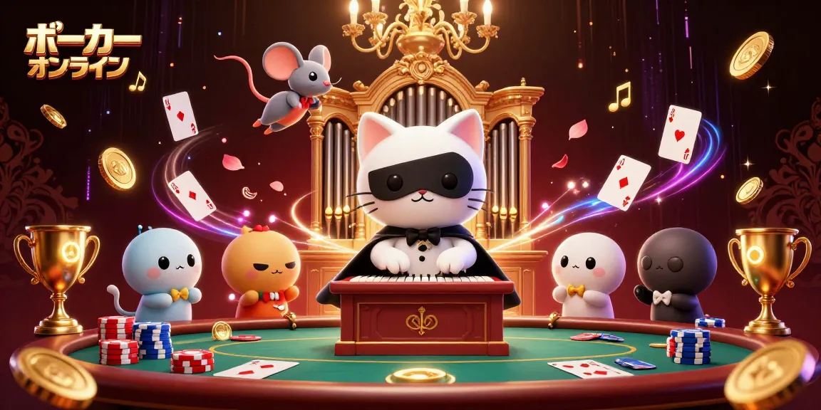 ポーカーオンラインで楽しむポーカーテーブルの華やかなシーン、アニメ風のキャラクターたちが浮かび上がるデザイン。