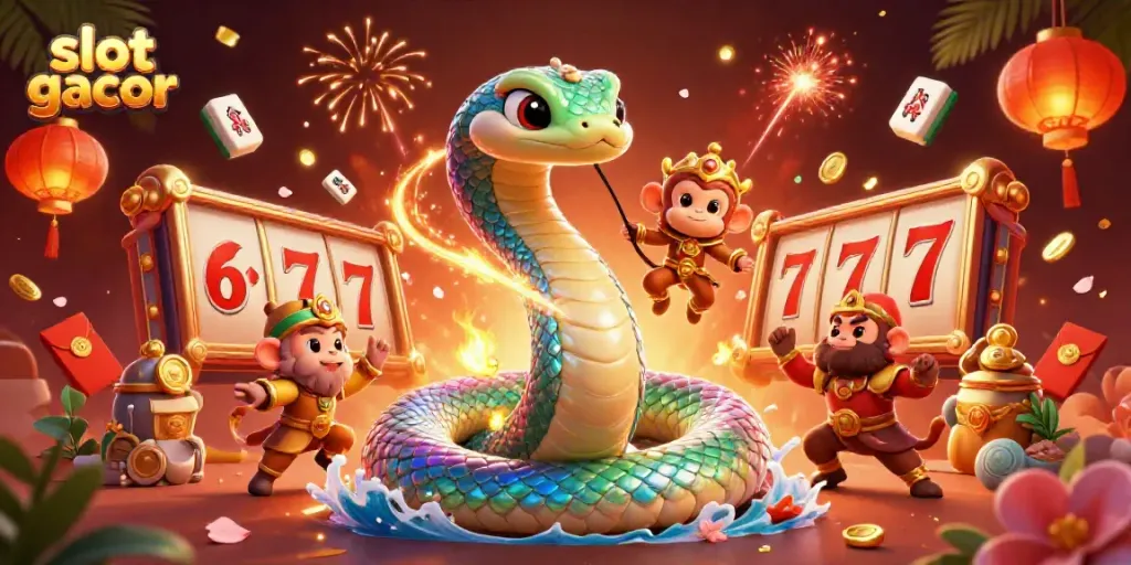 Experience slot gacor excitement with vibrant figures and dynamic game elements in a rich, detailed scene.