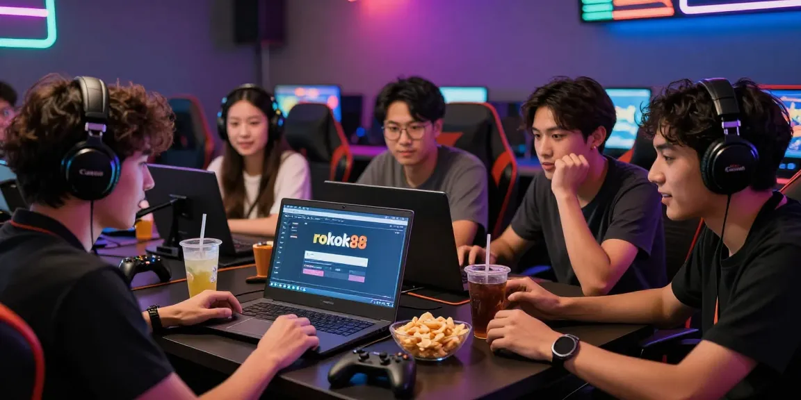 Engaged gamers enjoying the excitement of rokok88 slot login while sharing strategies and snacks.