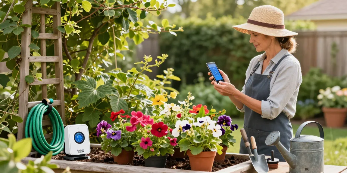 Gardener setting up RainPoint wifi timer in a vibrant garden, optimizing plant care.