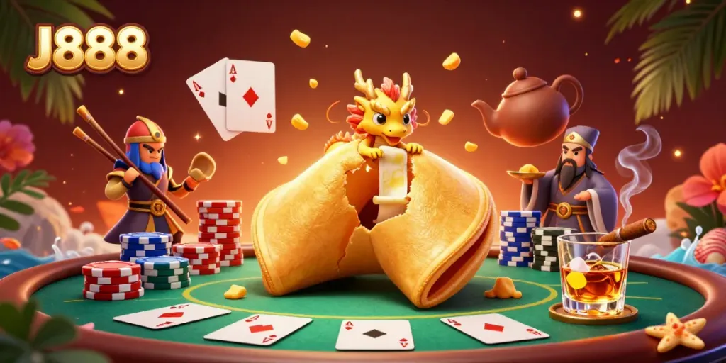 Engage with J888's thrilling poker action featuring a wise dragon among golden crumbs, a dynamic casino scene.