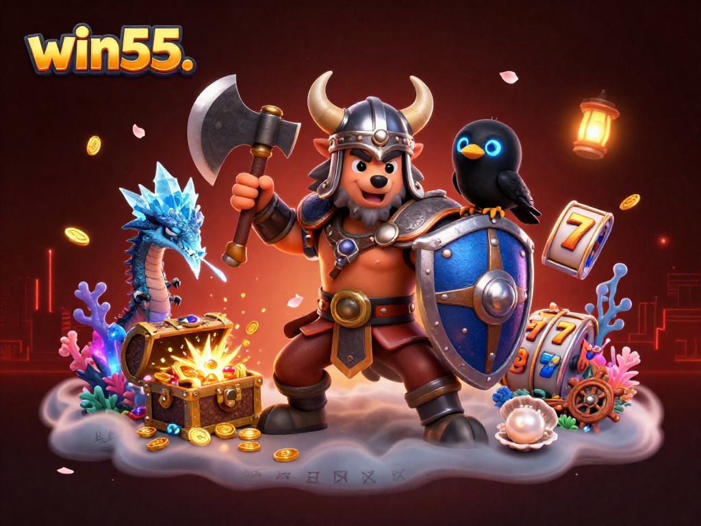 Win55. Viking warrior and dragon embody the thrill of online slots with treasures and winning symbols.
