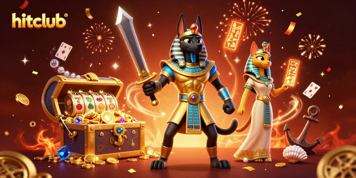 Immerse in hitclub's vibrant gaming world with an Anubis warrior amidst dazzling slots.