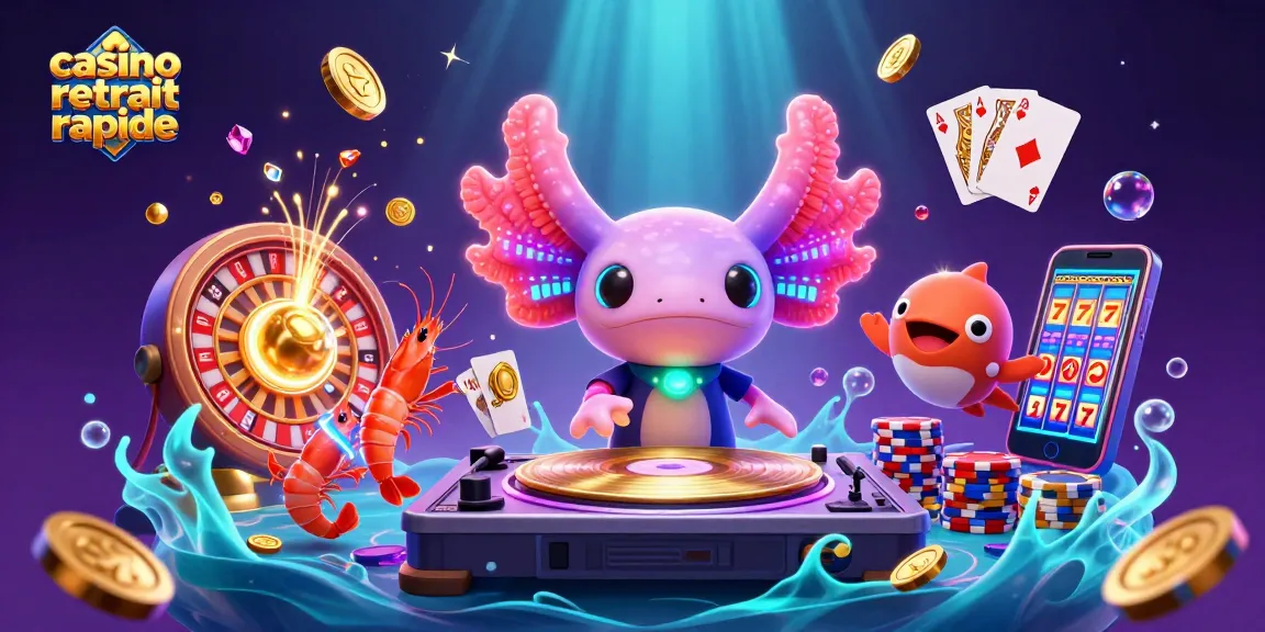 Animations de casino retrait rapide avec un DJ axolotl et des danseurs sous-marins.