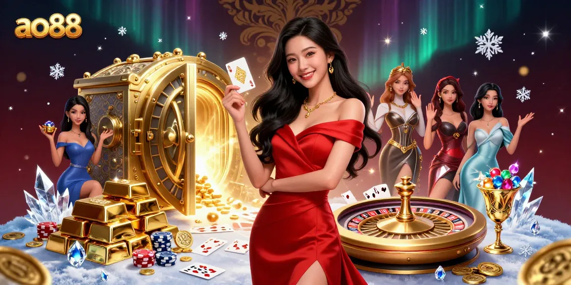 Win big with ao88 at a vibrant casino scene featuring a stunning Asian woman and a golden roulette wheel.