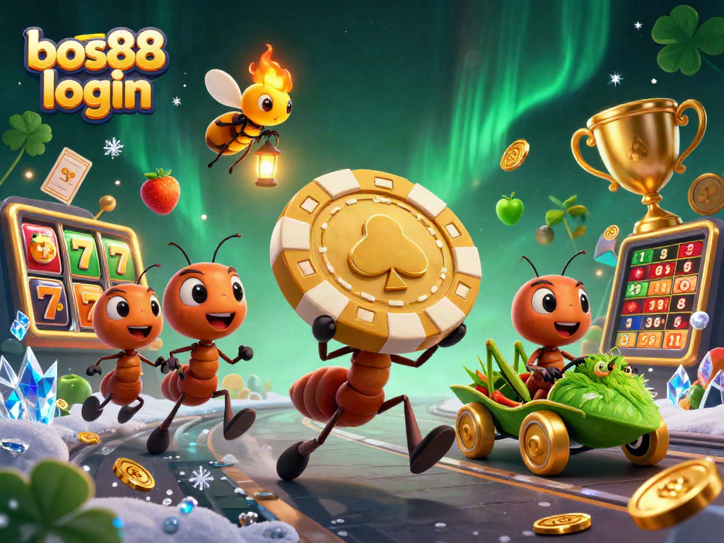 Mengakses bos88 login dengan seru, ilustrasi tim semut berlari membawa chip poker emas di kasino.