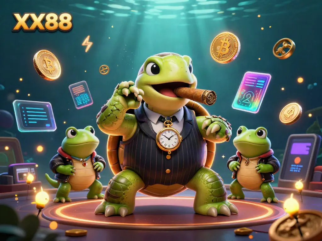 Place bets on XX88 with a cartoon turtle mobster overseeing a vibrant casino scene.