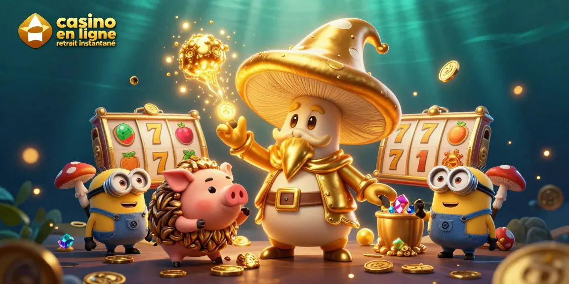 Les joueurs profitent de leur expérience de jeu dans un casino en ligne retrait instantané, entourés de champignons et de trésors.