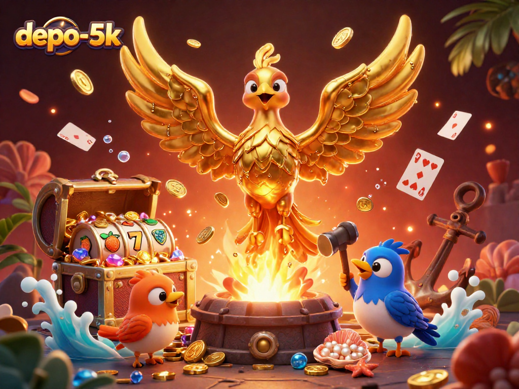 Win big at depo-5k with a golden phoenix and slot reels in a vibrant 3D spectacle.
