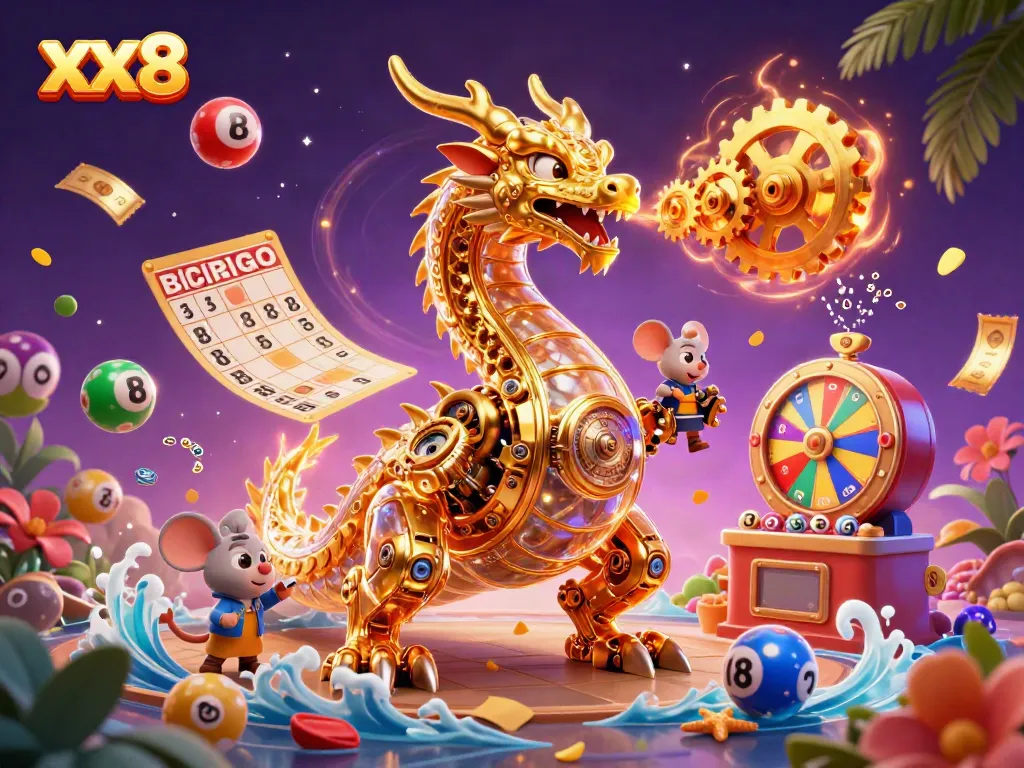 Experience the thrill of xx8 casino with a golden dragon amidst vibrant gaming elements in an enchanting setting.