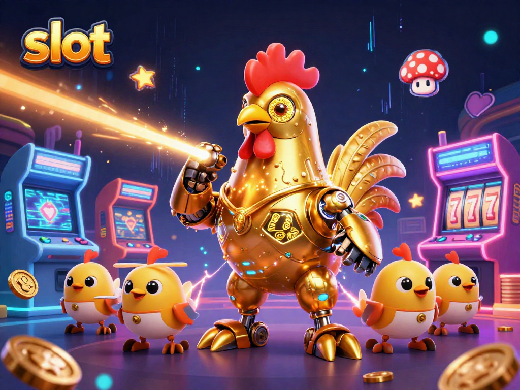 Engage with slot gaming featuring a golden rooster robot and baby chick drones in a vibrant 3D casino scene.
