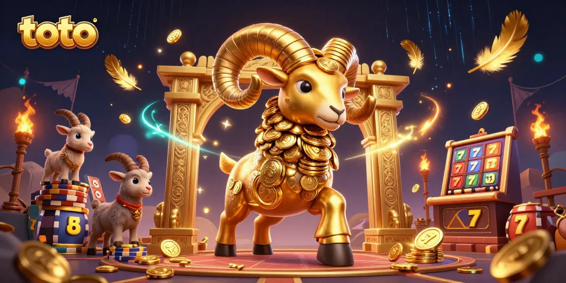 Ram emas berwarna 3D memimpin aksi di arena toto, kelimpahan koin dan elemen permainan lainnya menyertai