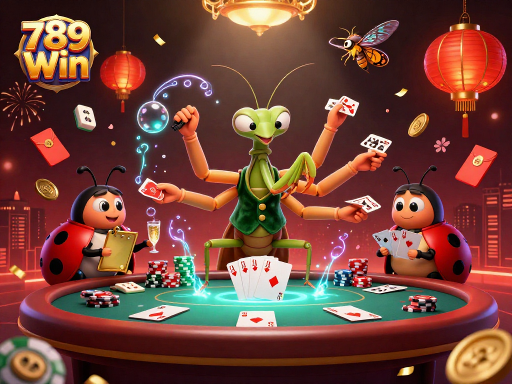 Experience thrilling poker action with 789 Win, featuring a giant mantis card sharp and a ladybug pit boss.