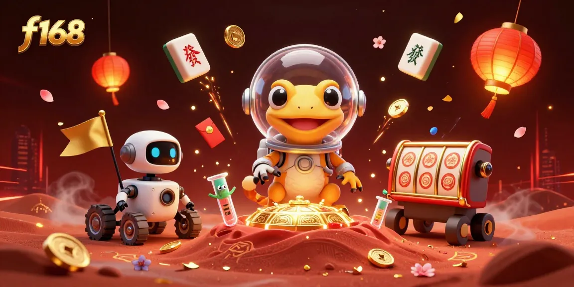 Experience thrilling f168 gameplay with a Martian gecko and slot reels in a vibrant casino.