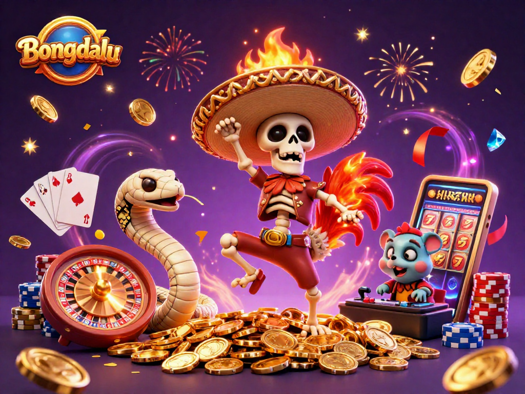 Bongdalu showcases a vibrant casino scene featuring a dancing mariachi rooster, a mummy snake, and DJ hamster.