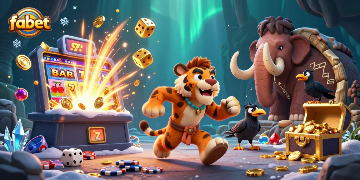 Fabet features a lively prehistoric casino with a cartoon caveman and a sabertooth tiger, highlighted by slot machines and jackpot bursts.
