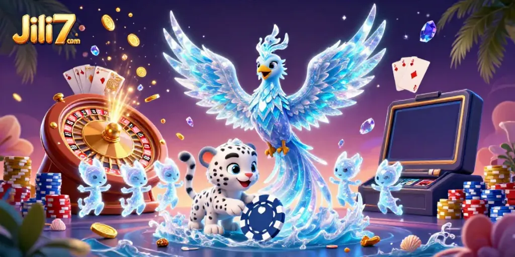 Experience vibrant gaming at Jili7 com with a magical casino scene featuring an ice phoenix and slots.