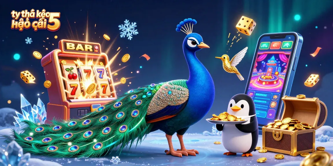 Experience the excitement of tỷ lệ kèo nhà cái 5 with a dazzling casino scene featuring a peacock and fluttering gems.