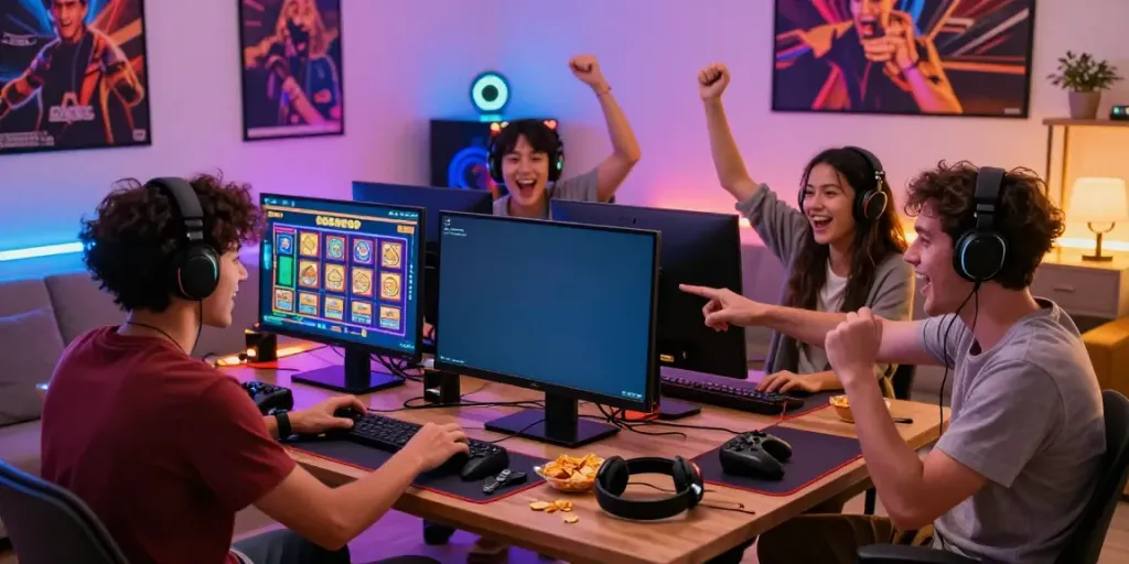 Friends celebrating a win while playing slot gacor games on a big screen during a lively home gaming night.