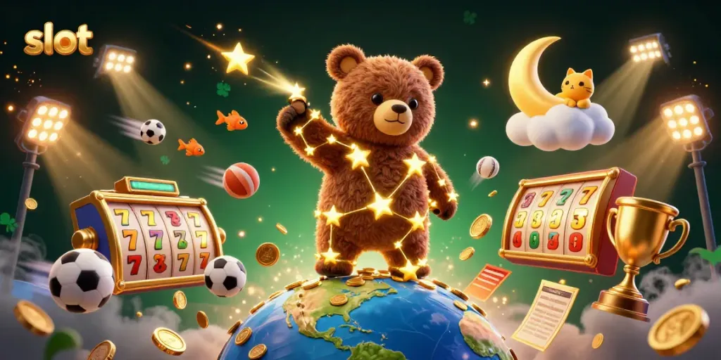 Experience thrilling slot adventures with a cosmic bear and lucky symbols in this vivid 3D illustration.