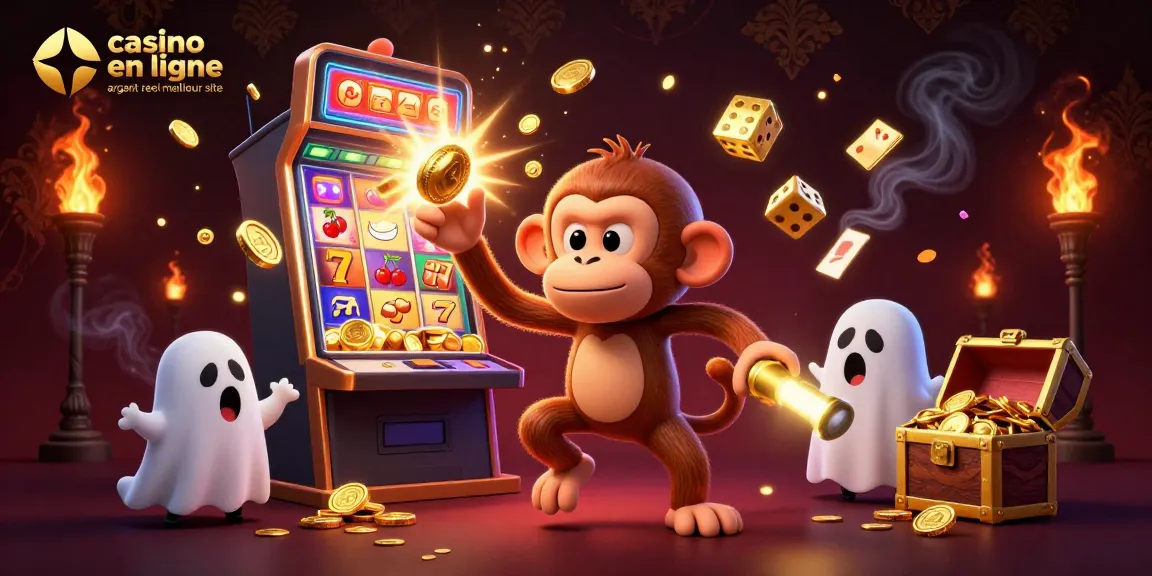 Illustration captivante d'un casino en ligne avec un poltergeist jonglant et un chiot détective, mettant en lumière le casino en ligne argent réel meilleur site.