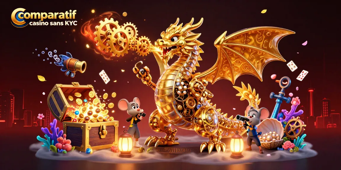 Comparatif casino sans KYC : découvrez une illustration 3D animée du monde du jeu avec un dragon et des éléments de casino.