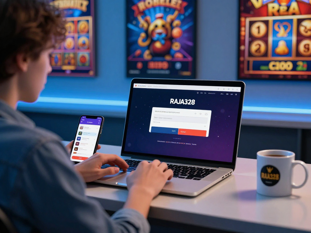 Engaging RAJA328 login interface with a user accessing the platform for online gambling excitement.