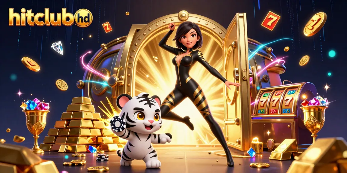 Hitclubhd showcases vibrant 3D characters amidst golden casino treasures, capturing the thrill of gaming.