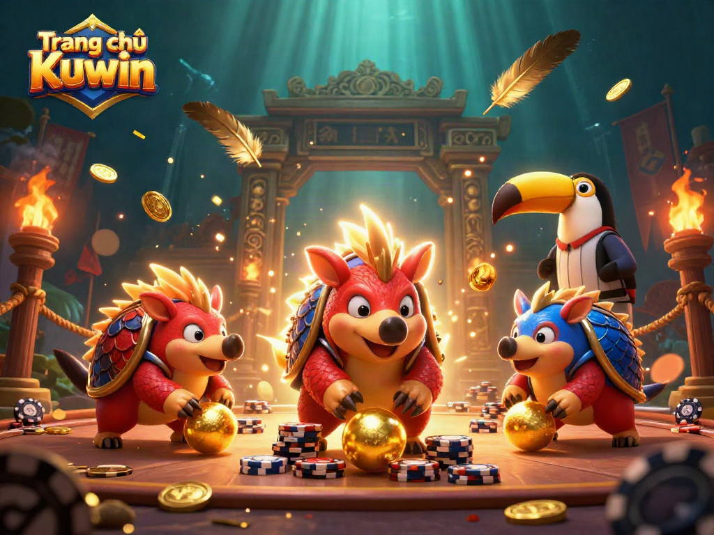 Experience thrilling gameplay at Trang chủ Kuwin with animated pangolins bowling poker chips in a vibrant scene.