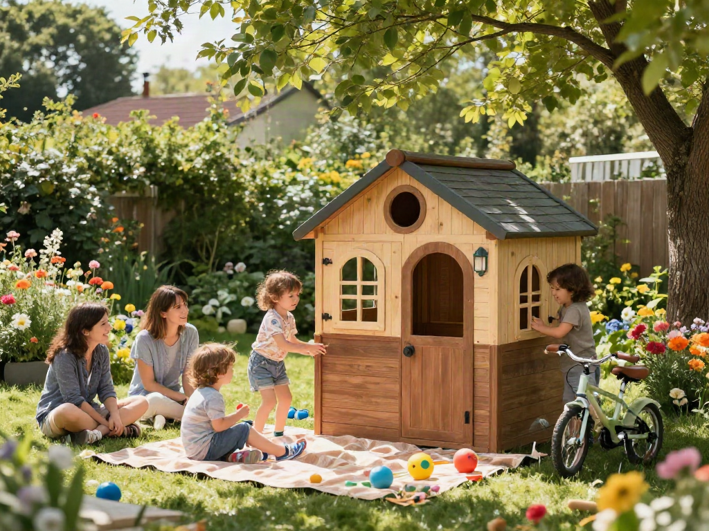 Children enjoying a sunny day in a Soulet playhouse, surrounded by a vibrant garden.