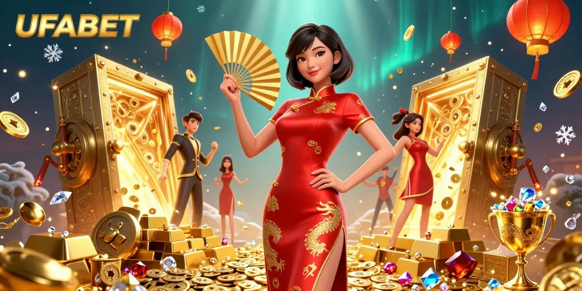 Bet big on UFABET with vibrant Asian woman in qipao surrounded by gold coins and gaming elements.
