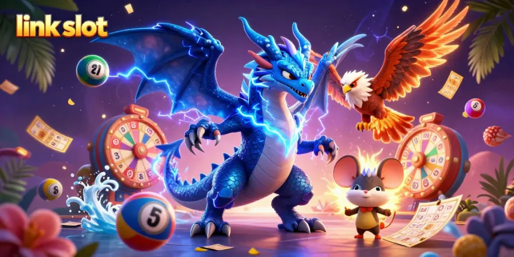 Experience a vibrant scene with link slot characters amidst dynamic slot game elements.