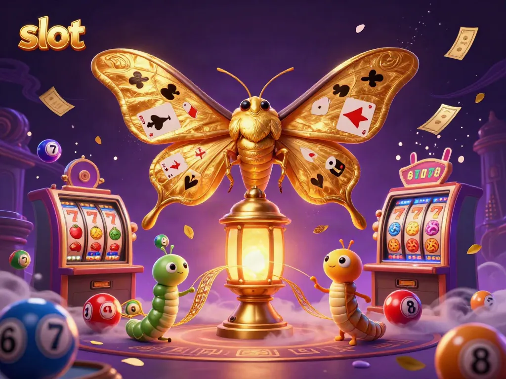 Win jackpots with captivating slot action illustrated by a golden-winged moth amidst dynamic casino scenes