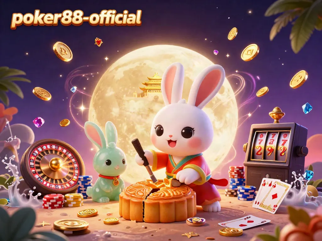 Win big with poker88-official in this vibrant casino-themed illustration featuring a lunar scene.