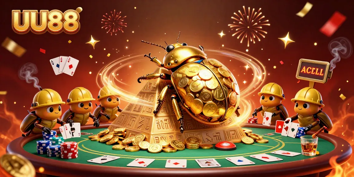 UU88 offers a vibrant gambling experience with golden beetles and casino elements in a festive scene.
