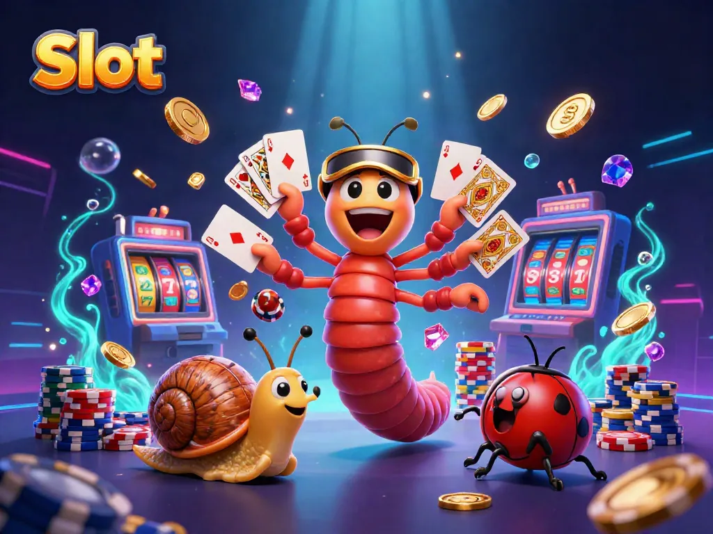Gambarlah Slot dengan dealer milipede kartun dan uang koin berkilau.