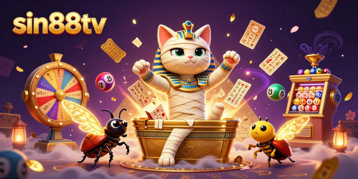 Engage in thrilling gaming adventures with the sin88tv Egyptian mummy cat in dynamic 3D casino illustration.