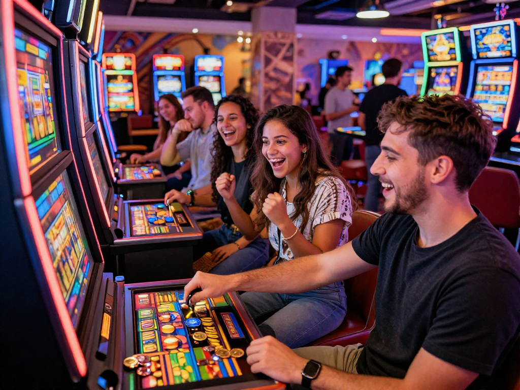 Exciting slot gaming scene at a lively casino with friends celebrating.