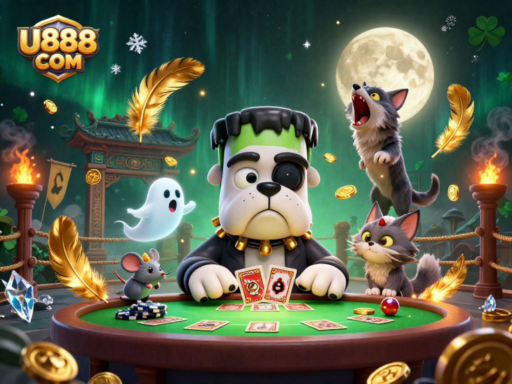 U888 COM showcases a lively casino scene with a unique Frankenstein bulldog dealer and ghostly elements.