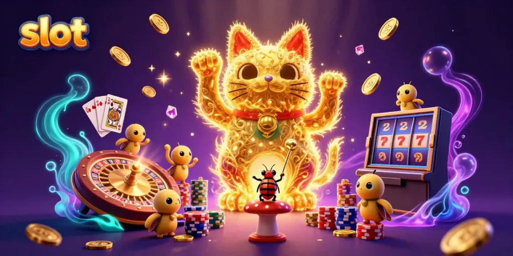 Experience thrilling slot gameplay with our stunning golden lucky cat and vibrant casino icons.