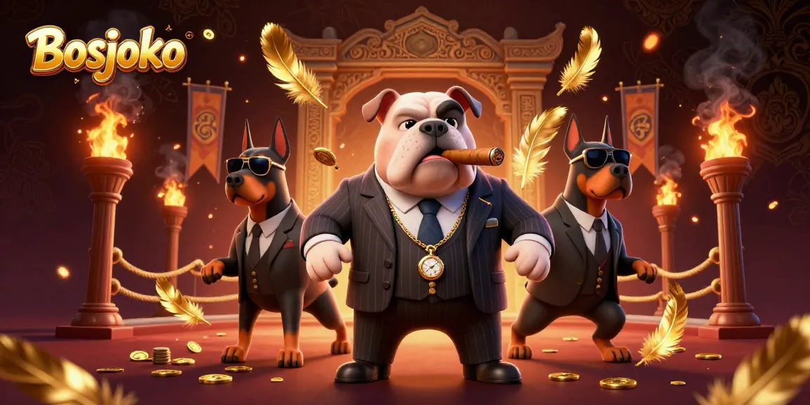 Bosjoko casino scene illustrating a mafia boss bulldog with bodyguards amidst dynamic gambling elements.