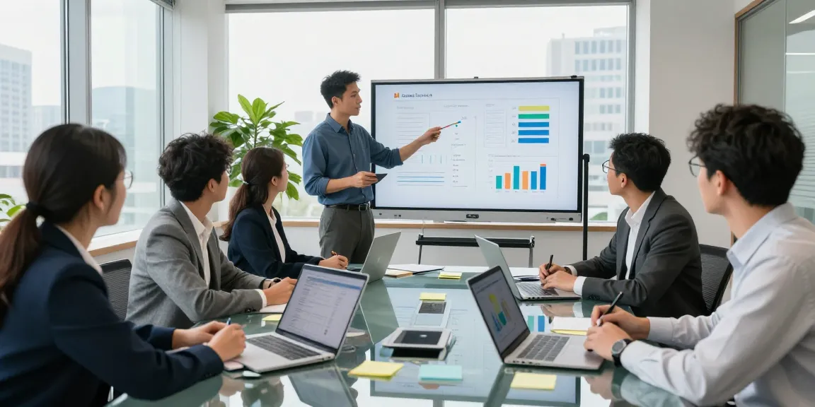 Team collaborating in a modern office at https://rtischeduler.co.uk/ with charts and digital tools.