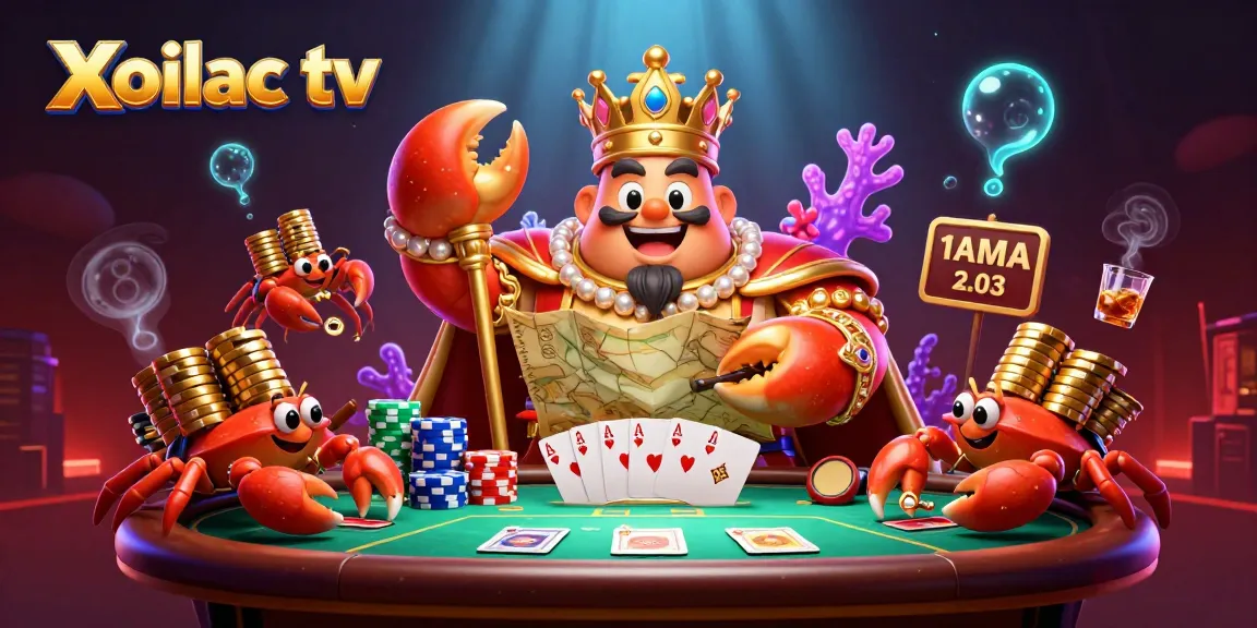Xoilac tv showcases an emperor crab presiding over a vibrant poker scene overflowing with action and golden chips.