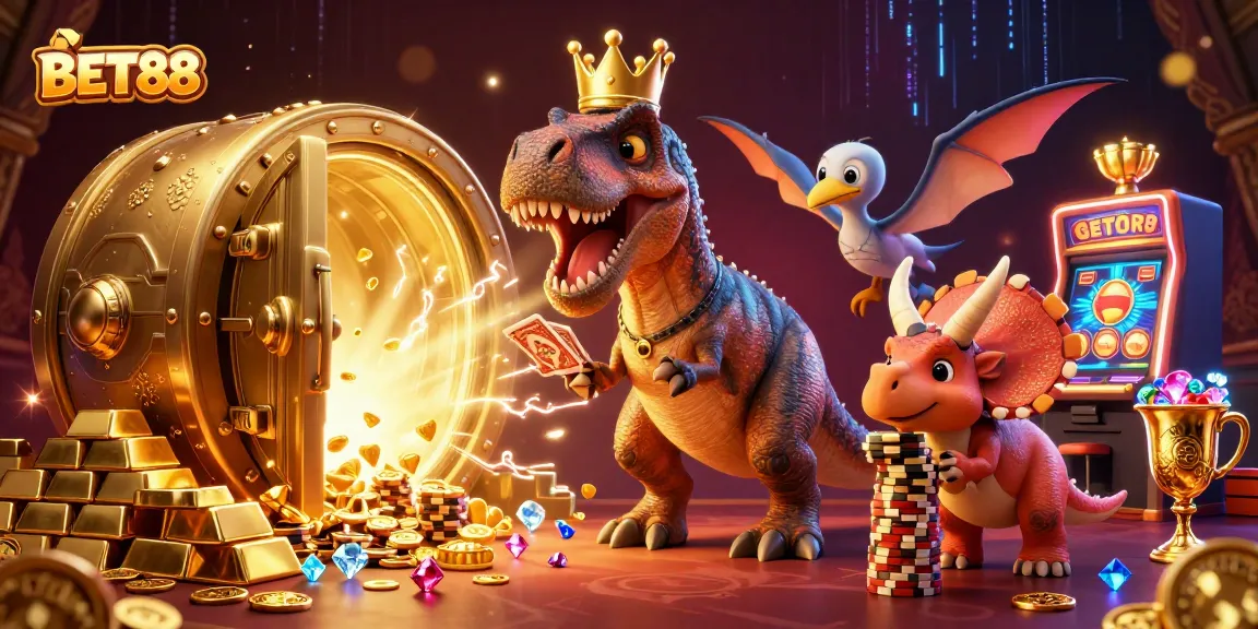 BET88 showcases a captivating 3D scene with a T-Rex shuffling cards while a triceratops stacks chips amidst a vibrant gaming atmosphere.