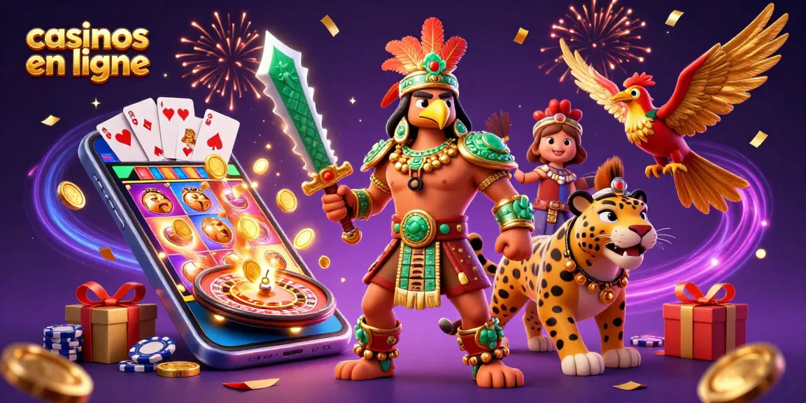 Gagnez sur les casinos en ligne avec une illustration captivante de guerriers aztèques et un smartphone de jeu.