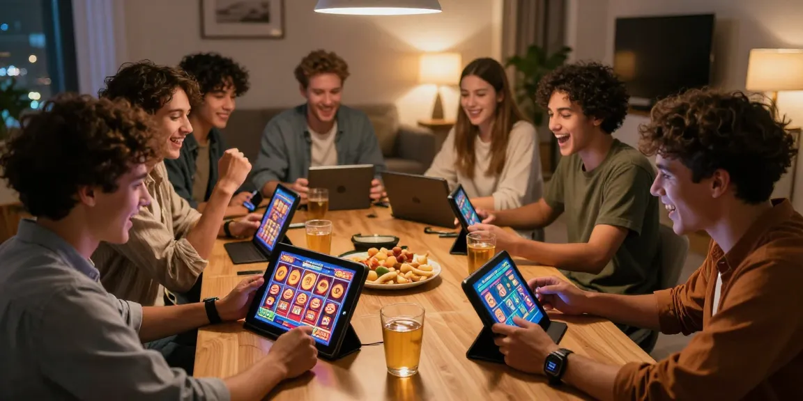 Group enjoying gaming night with website resmi wd138 slot games, vibrant atmosphere and excitement.