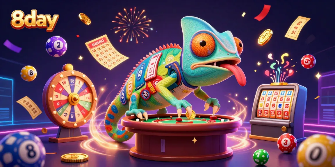 Engage with 8day's vibrant casino experience, illustrated with a energetic chameleon owner and dynamic game elements.