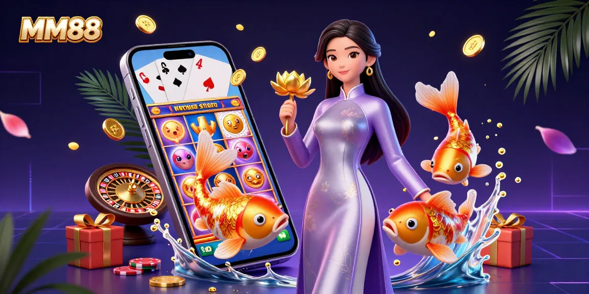 Experience the thrill of MM88 with a vibrant illustration of dynamic casino games and winning elements.