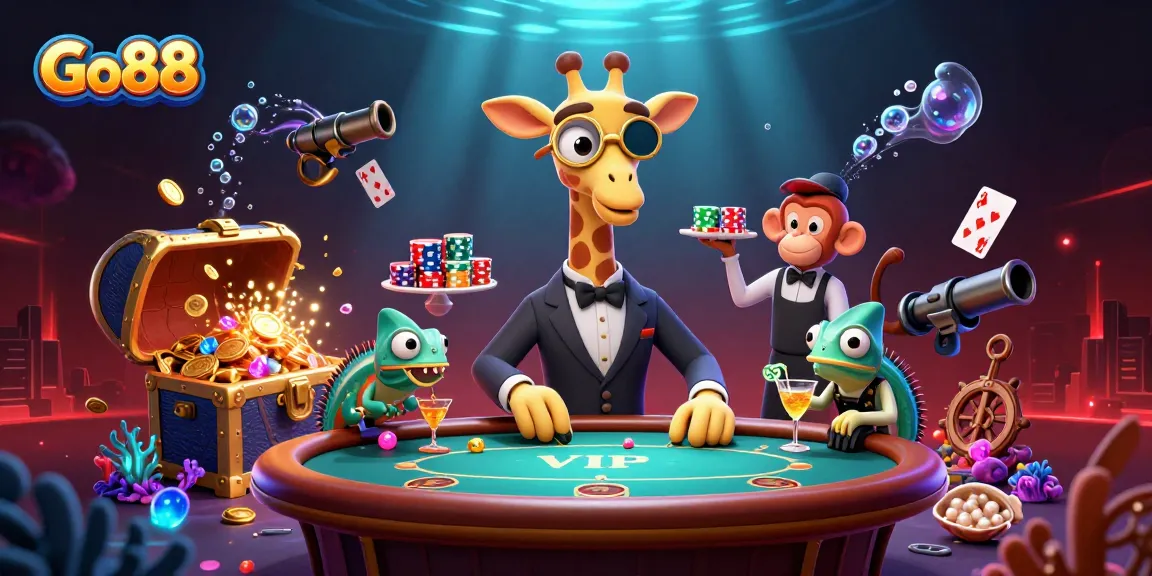 Play games at Go88 with a high-roller giraffe, monkey valet, and chameleon bartender in vibrant underwater casino.